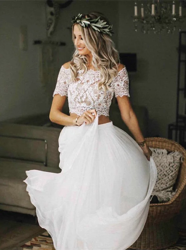 Elevated Style Two Pieces Boho Wedding Dress With Short Sleeves, Chiffon Beach Wedding Dresses OW657