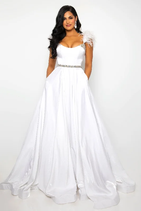 Classic Women's Fashion Ava Presley 28570 Size 4 White Long A Line Ballgown off the Shoulder Feather Strap Formal Dress Prom Pageant