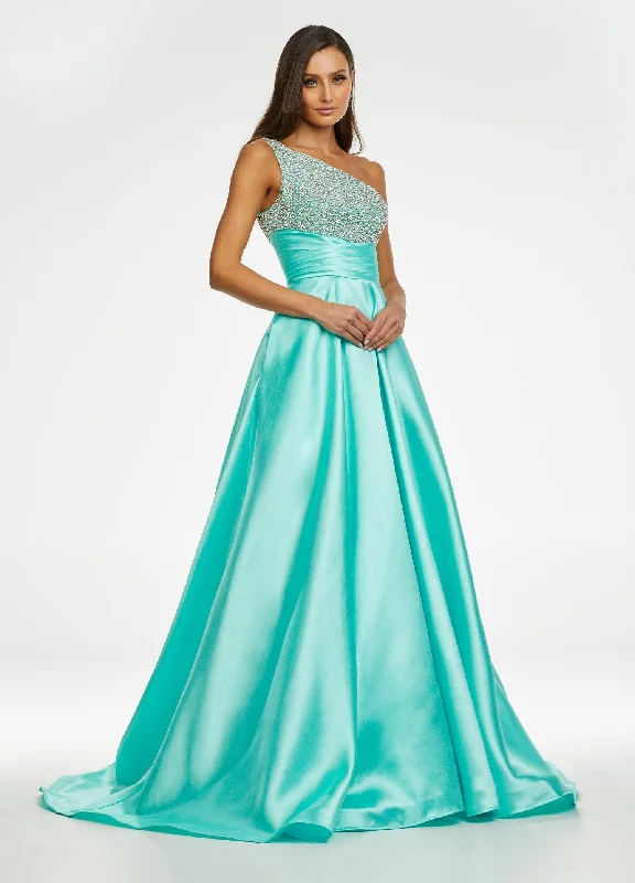 Holiday Attire Sale Ashley Lauren 11149 Size 8 Aqua One Shoulder Ball Gown Prom Dress with Embellished Bodice