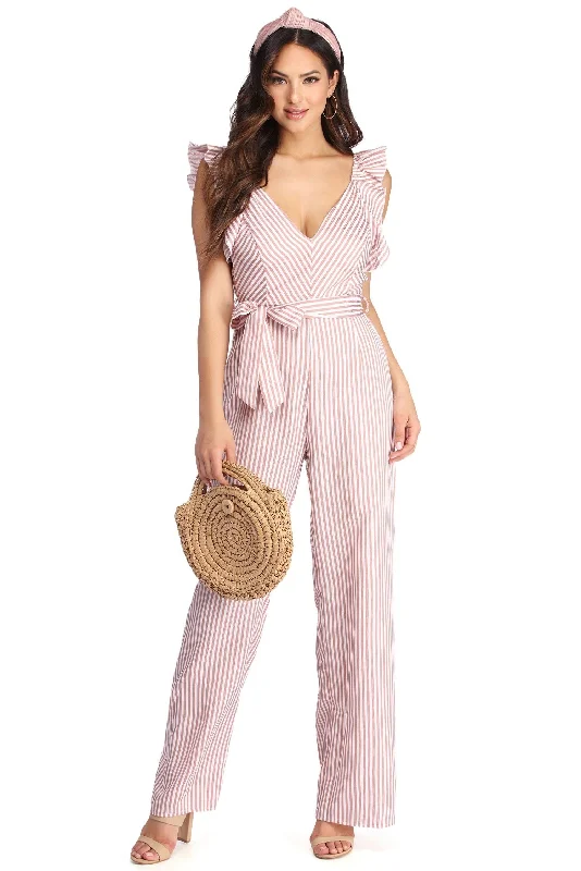 Feminine Elegant Ruffled And Striped Jumpsuit
