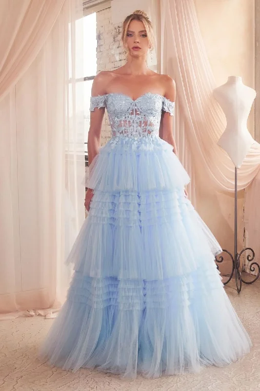 Exclusive Sale Ladivine 9315 Size 10 Light Blue Long Layered Tulle Ballgown Sheer Lace Corset Prom Dress off the shoulder