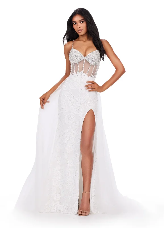 Seasonal Trends Ashley Lauren 11517 Size 8 Ivory Sheer Crystal Corset Lace Dress Overskirt slit Prom Pageant Gown