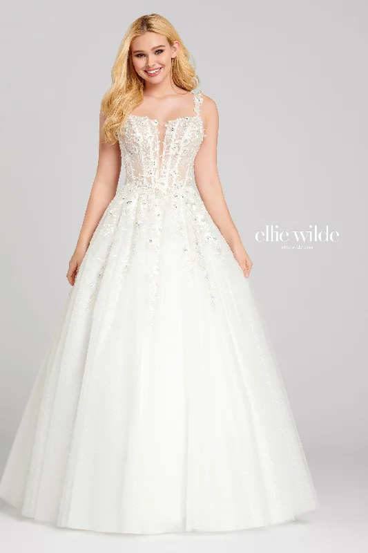 Limited Time Offers Ellie Wilde EW120014 Size 16 White Long Sheer Lace Shimmer Ballgown Prom Dress V Neck Formal Gown