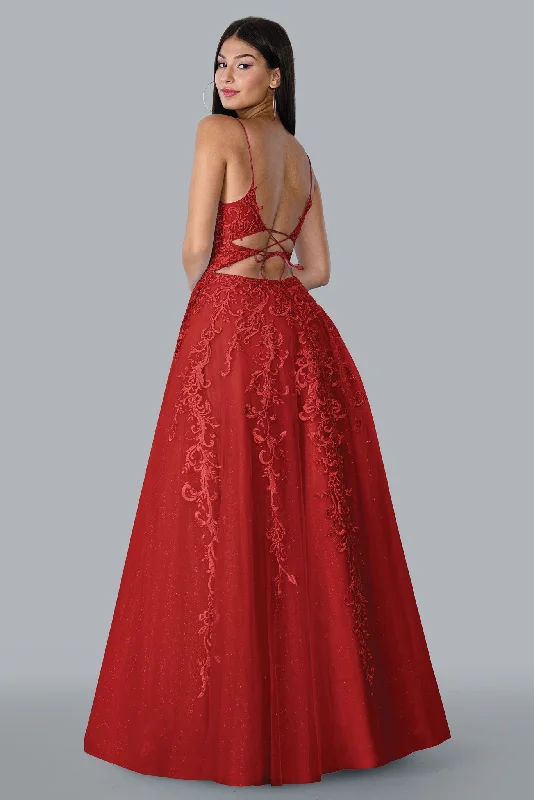 Summer Essentials Stella Couture 23178 Size 10 Red Long Lace A Line Backless Shimmer Ball Gown Prom Dress Corset V Neck
