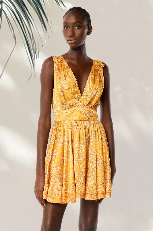 Seasonal Sale Mini Dress Bessie - Yellow Oriental Foulard