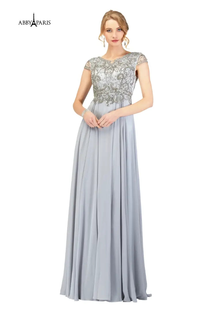 Trend Alert Abby Paris 95091 size 20 Grey A-Line Chiffon Embellished Bodice Short Sleeve MOB Formal Gown