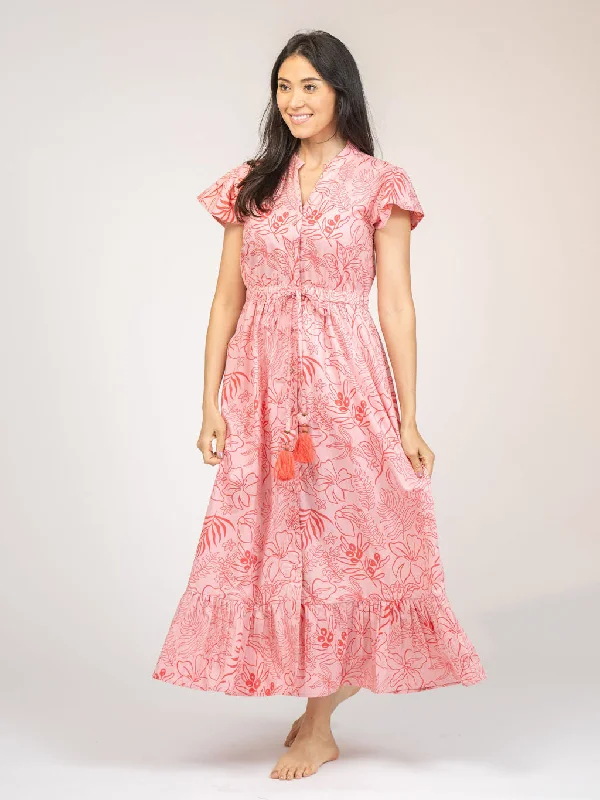 Romantic Detailing The Flutter Midi Dress | Pink Flora Sketch