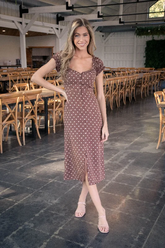 Buy More, Save More Dora Sweetheart Neck Midi Dress, Brown/White Dot