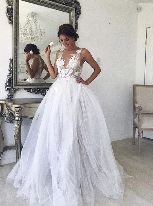 Popular Collection Boho A-line V-neck Tulle Wedding Dresses, Beach Bridal Gown With Appliques OW612