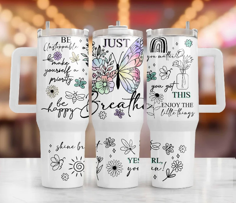 Promotional Drinkware Positive Affirmations Tumbler Wrap Butterflies Inspirational Quotes PNG Downloads, Positive 40oz Tumbler Png, Summer Quencher Tumbler Design