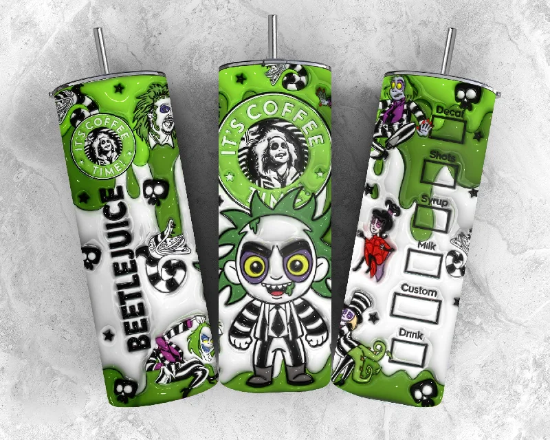 Artistic Drinkware 3D Inflated Horror Character Halloween Tumbler Wrap, Beetle Juice Horror 20oz Tumbler, Halloween Wrap, Halloween Beetlejuice Tumbler Wrap