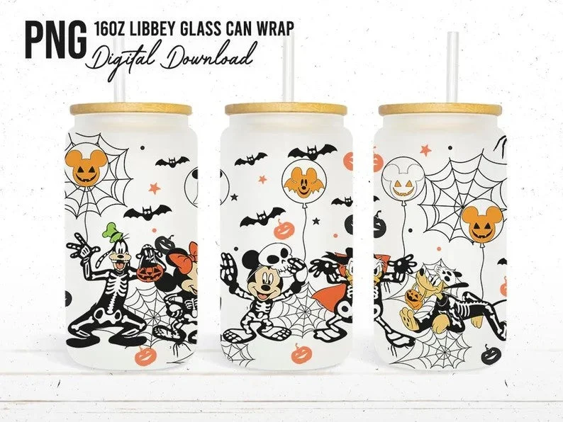 Travel Tumblers Sale Mickey _ Friends Skeleton Halloween Libbey 16 oz Design, Trick or Treat 16oz Tumbler Full Wrap, Spooky Vibes, Mickey Skeleton Glass Can Png