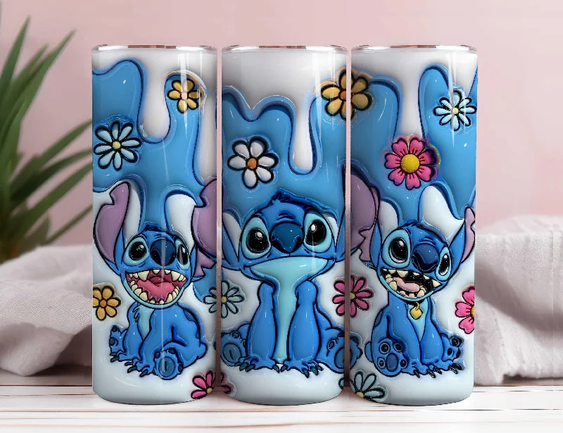 Green Drinkware Offer Stitch 3D Inflated Tumbler, Cartoon Floral Tumbler Wrap, Inflated Tumbler Wrap, Full Tumbler Wrap, 20oz Skinny Tumbler, 3D Tumbler Png