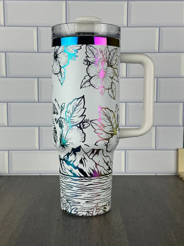 Imited-Time Drinkware Sale Tropical Ocean Theme 40oz Stanley And Dupe Tumbler, Hibiscus, Hawaii Cup Vacation Water Cup, Gift For Her