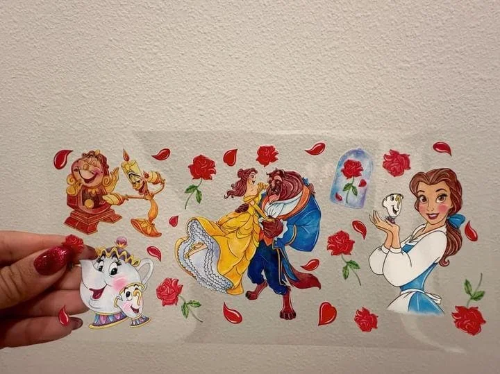 Insulated Mugs Discount Disney Beauty and The Beast Roses UV DTF Wrap Transfer 16oz | No Heat Needed | Waterproof | Permanent Adhesive