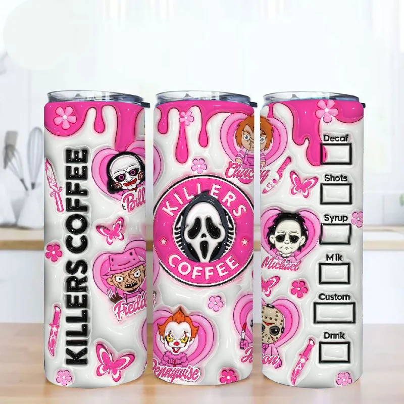 Portable Drinkware Discounts 3D Inflated Horror Tumbler Png, 3D Inflated Halloween Wrap 20oz Skinny Sublimation, Pink Horror Characters Tumbler Png, Horror Movie Wrap
