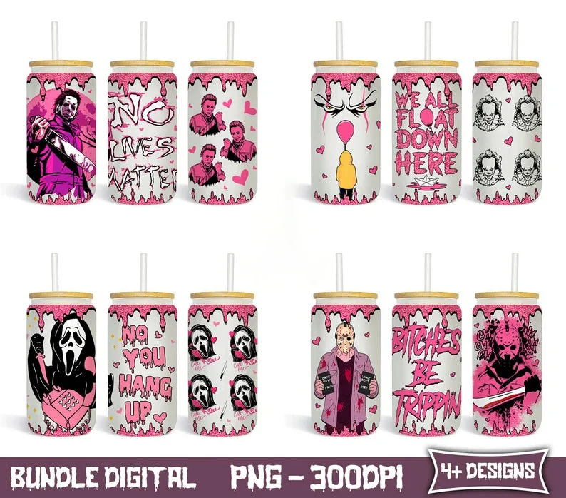 Christmas Drinkware Horror Designs 16oz Libbey Glass Can Tumbler, Halloween Design Glass Can Wrap png, Libbey Can Template, 16oz Libbey Wrap PNG, Halloween Png