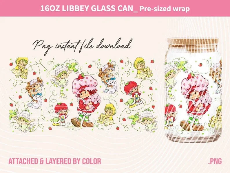 Sustainable Drinkware Vintage 80s Cartoon Coffee PNG, 16oz Can Glass Wrap PNG, Retro Strawberry Tumbler, 80s cartoons, Retro 80s cartoons Tumbler Wrap