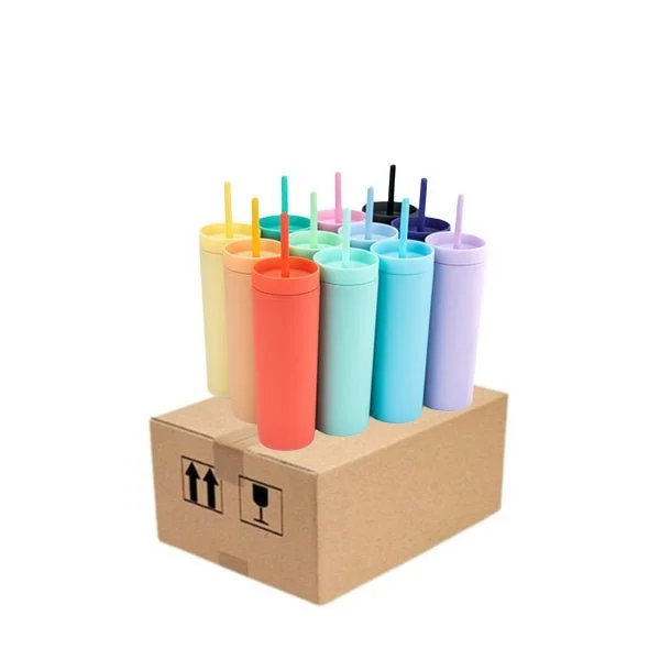 Promotional Drinkware Case of 25/30 Pack SKINNY TUMBLERS  Matte Pastel Colored Acrylic Tumblers with Lids and Straws | Skinny, 16oz Double Wall Plastic Tumblers With FREE Straw Cleaner! Cup With Straw |
