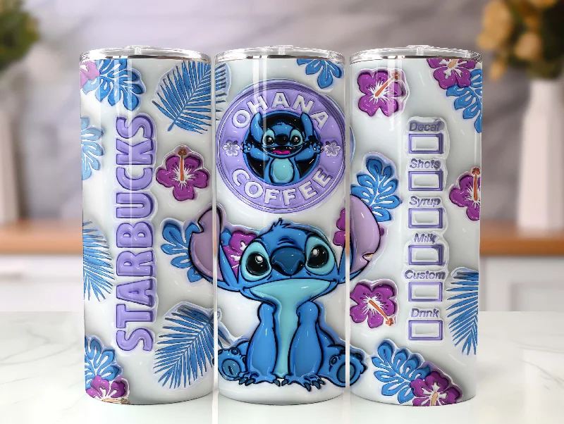Glassware Deals 3D Inflated Stitch Tumbler Wrap, Stitch Coffee Design Tumbler, 3D Stitch Puffy Tumbler Wrap, 20oz Tumbler Wrap,Png Instant Download