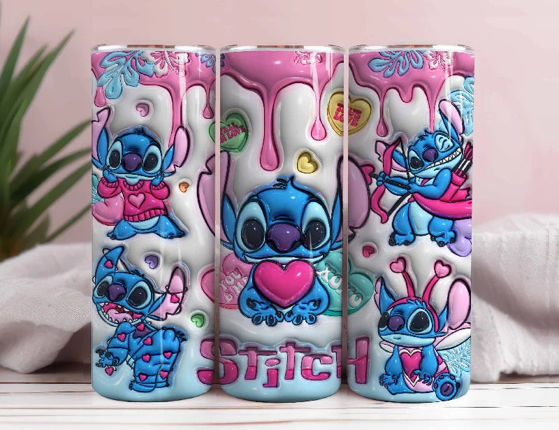 Holiday Drinkware Discount 3D Stitch Valentine Tumbler PNG, 3D Inflated Cartoon Valentine Tumbler Wraps, 20oz Skinny Tumbler, 3D Stitch Tumbler Wrap, Png Download