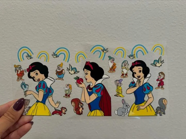 Portable Drinkware Discounts Disney Snow White Seven Dwarfs Rainbows UV DTF Wrap Transfer 16oz | No Heat Needed | Waterproof | Permanent Adhesive