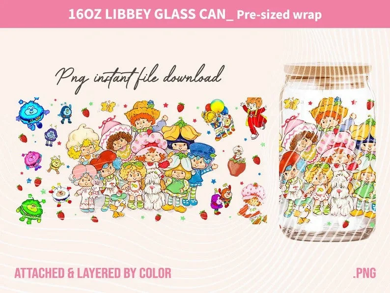 Eco-Friendly Cups Vintage 80s Cartoon Coffee PNG, 16oz Can Glass Wrap PNG, Retro Strawberry Tumbler, 80s cartoons, Retro 80s cartoons Tumbler Wrap