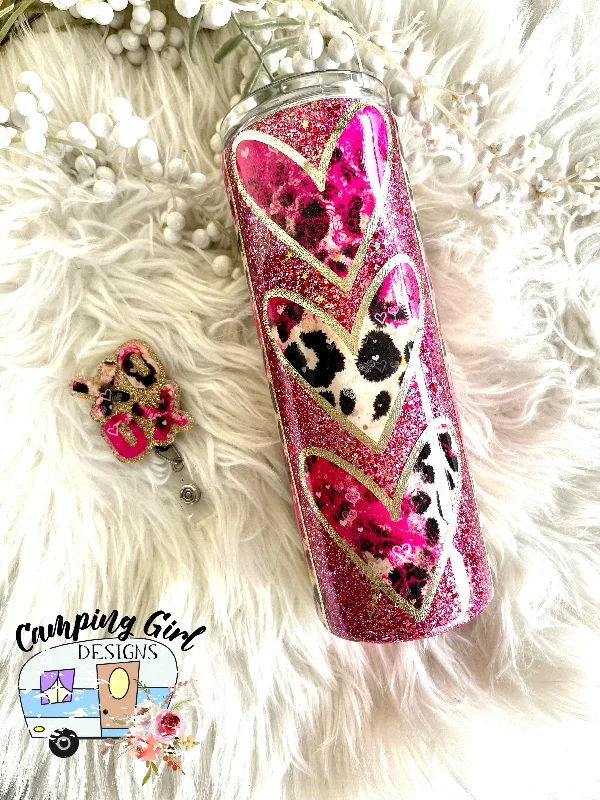Festive Drinkware Deals READY TO SHIP Leopard Heart 20 oz tumbler with matching badge reel
