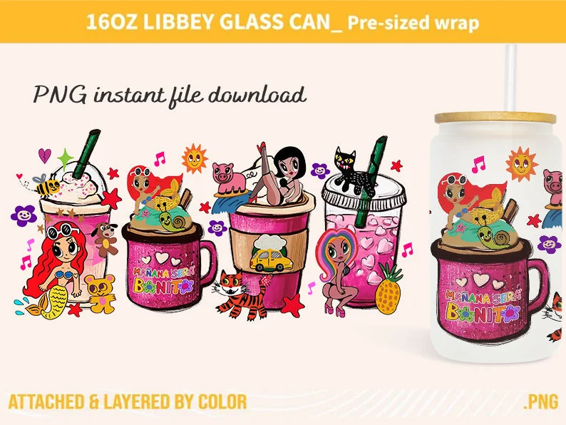 Drinking Glasses Sale Karol G Mañana sin Ti 16oz Glass can wrap, Glass Can Design, Sublimation Designs, Spanish Design, 16oz Glass Can Template, Carol G Cup