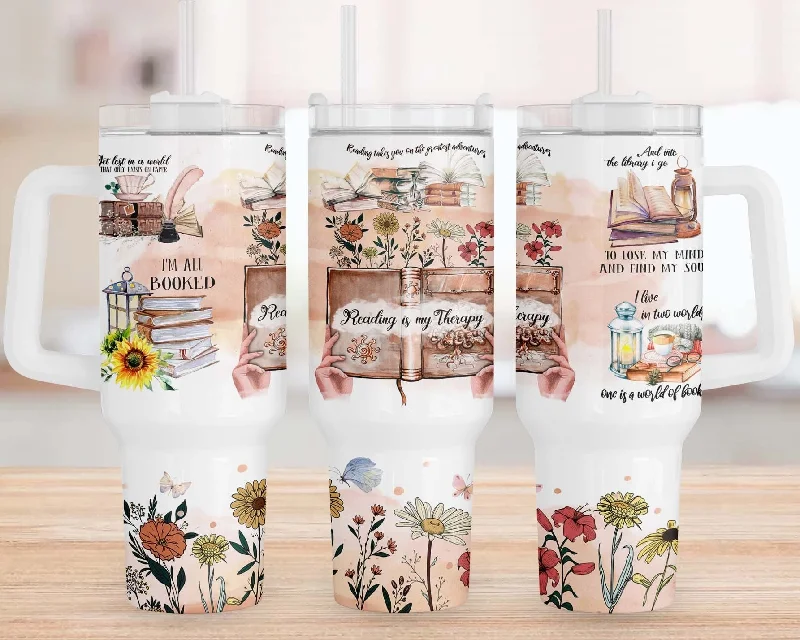 Insulated Travel Drinkware Book 40oz Tumbler Wrap,  Reading Lover Tumbler Wrap, Reading is My Therapy, Tumbler 40oz Sublimation Design, Book Lover Gifts For Women
