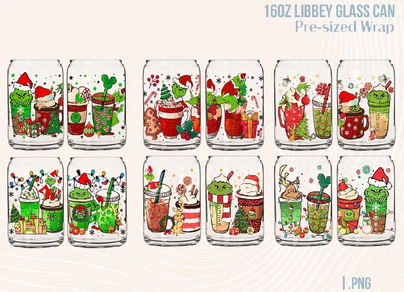 Elegant Glass Cups Grinch Christmas Png,16oz Can Glass,Glass Can Wrap, Libbey Can Glass, Christmas Sublimation,Christmas Coffee, Grinch Png, Digital Download