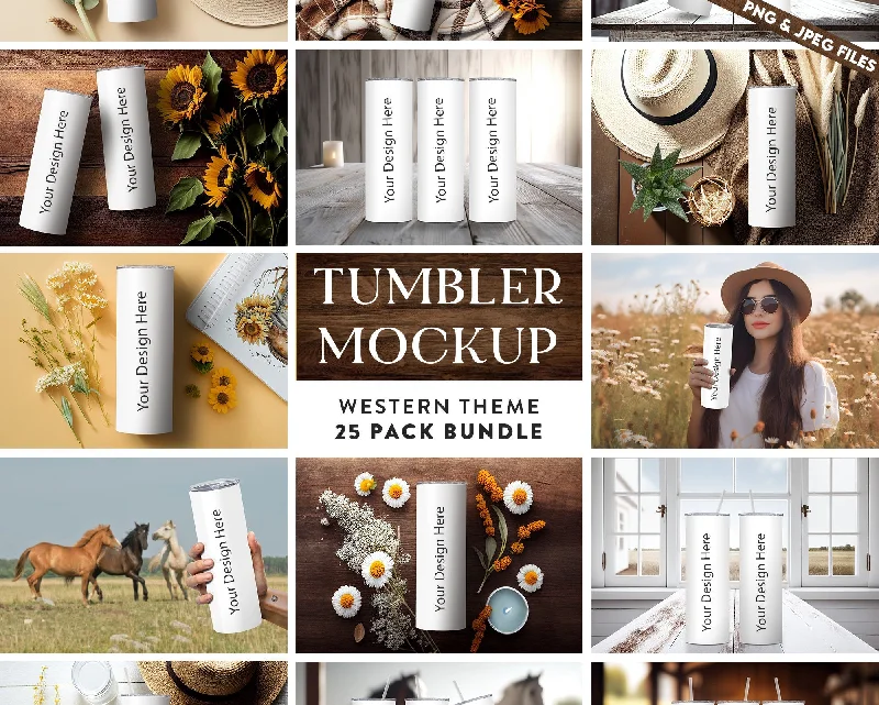 Drinkware Promotions 25 x Western Theme Skinny Tumbler Mockup Bundle  20oz Tumbler Mock-Up  Country Tumbler Mock Edit on Canva PS with Transparent Background