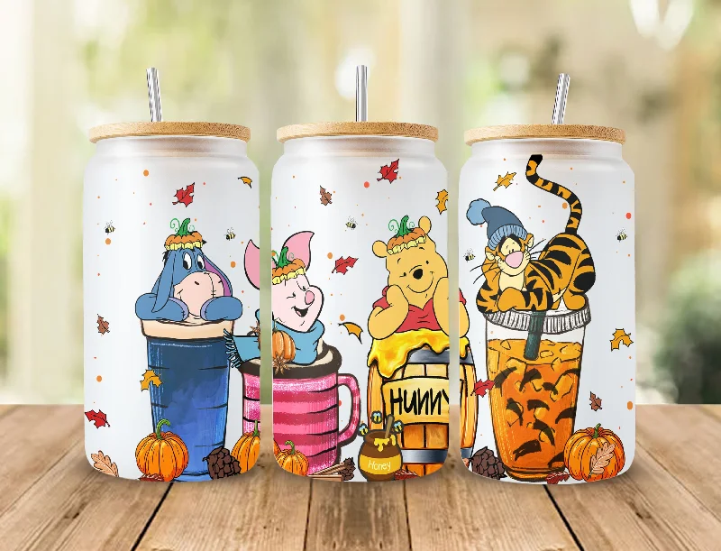 Discount Tumblers Winnie The Pooh Halloween Designs 16oz Libbey Glass Can Tumbler, Hallothankmas Pooh Design Glass Can png,16oz Libbey Wrap PNG, Halloween Png 2