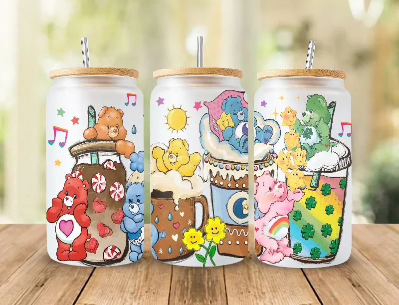 On-The-Go Drinkware Bears Cartoons 16oz Wrap, 16oz Libbey Glass Can, Frosted Can Glass, Sublimation Design, Rainbow Design, Cute Bears Wrap,Cute Cartoon Design 3