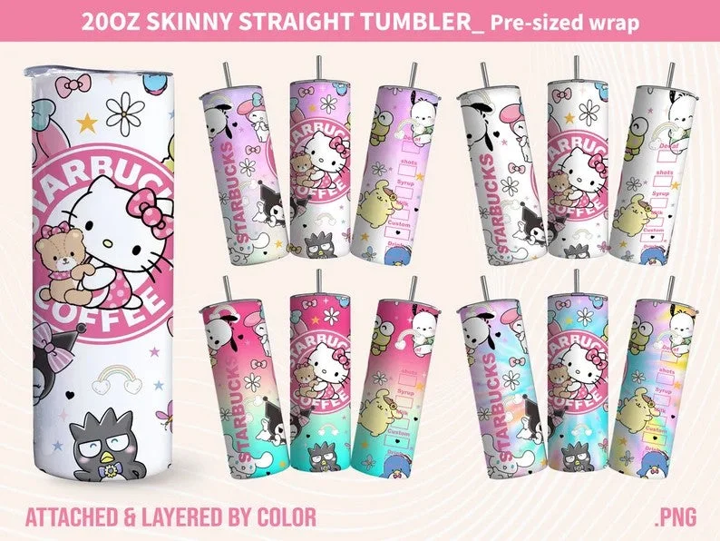 Eco-Friendly Drinkware Promotions Bundle 4 Kitty Coffee Tumbler, 20oz Straight Skinny Wrap, Spring Flower Pink Cat PNG, Tumbler Wrap, Full Tumbler Wrap, Cartoon Tumbler