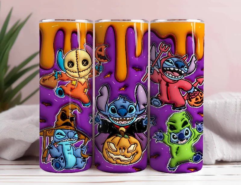 Drinkware Sets Discount Inflated Stitch Halloween Tumbler Design Png, 3D Spooky Vibes Tumbler Wraps 20oz Skinny Sublimation Digital Downloads 3D Puffy Design