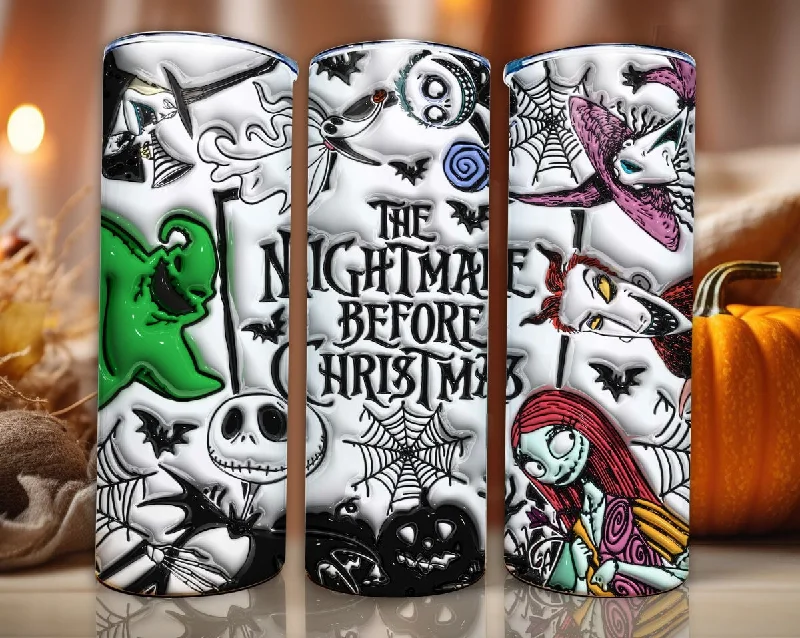 Vacuum-Insulated Bottles 3D Inflated Halloween Tumbler Wrap, Cartoon Halloween Tumbler Png, The Nightmare Before Christmas 20oz Skinny Tumbler, 3D Tumbler Wrap