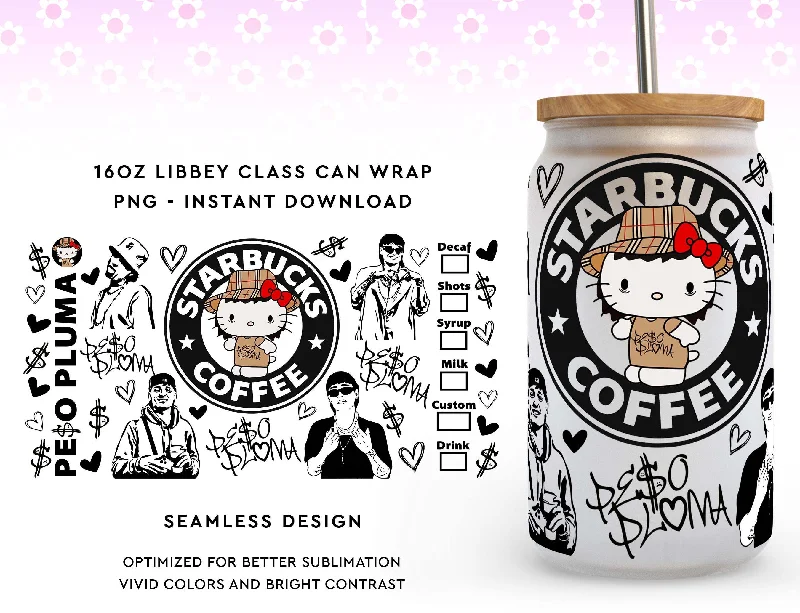 Drinkware Gift Set Peso Pluma Kawaii Kitty Starbucks Coffee Glass Wrap PNG, Peso Pluma Kawaii Kitty 16oz Libbey Glass Wrap Peso Pluma Stitch Tumbler Glass Wrap