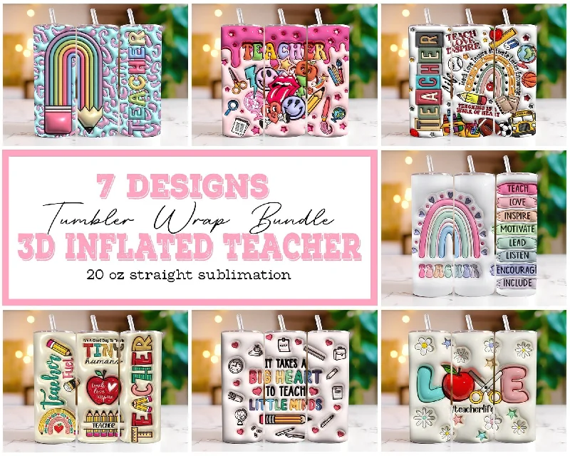 Christmas Drinkware Sale 3D Inflated Teacher, Teacher Tumbler Wrap Bundle, 20oz Tumbler, Png download