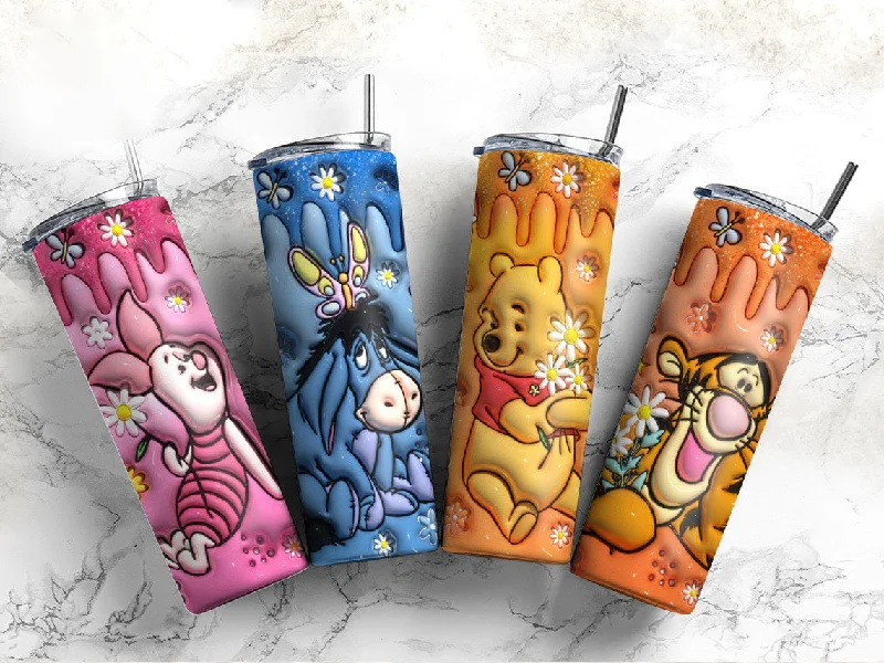 Sustainable Drinkware 3D Inflated Cartoon Character Tumbler Wrap, 3D Pooh and friends Tumbler Wrap, 20oz Skinny Tumbler, Cartoon 3D Inflated, Winnie Png