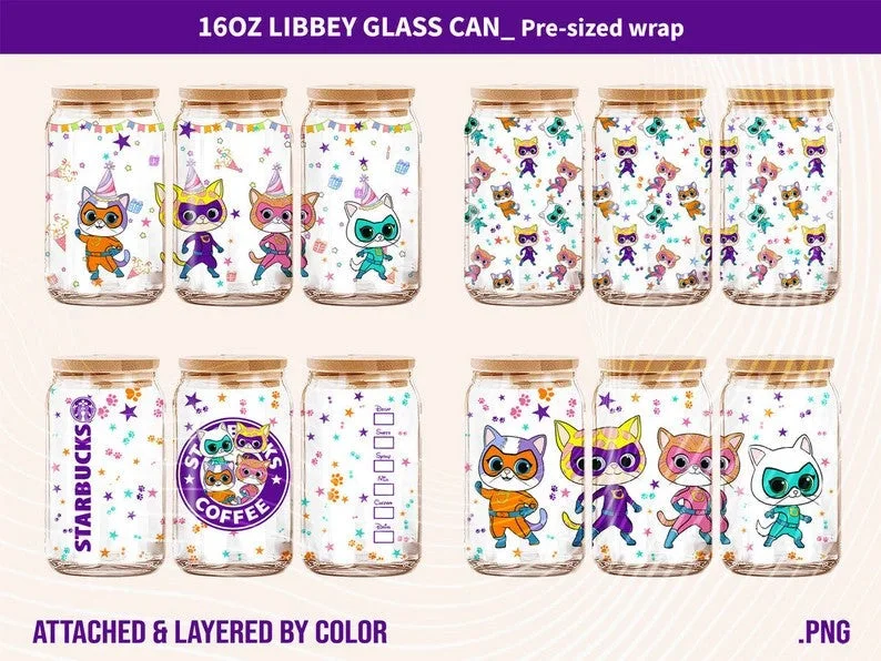 Travel Drinkware Offer Superkitties Pounce Bundle Png, Superkitties Png, 16oz Can Glass, Can Glass Wrap, Bitsy Cat, Ginny Cat, Buddy Cat, Sparks,Junior Superkities