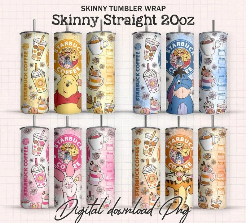 Travel Cups Promotion Cartoon Cafecito Y Chisme Tumbler, Cartoon Tumbler Wrap, cafecito y chisme png, 20oz Skinny Tumbler, Pooh Spring Coffee, Sublimation Tumbler