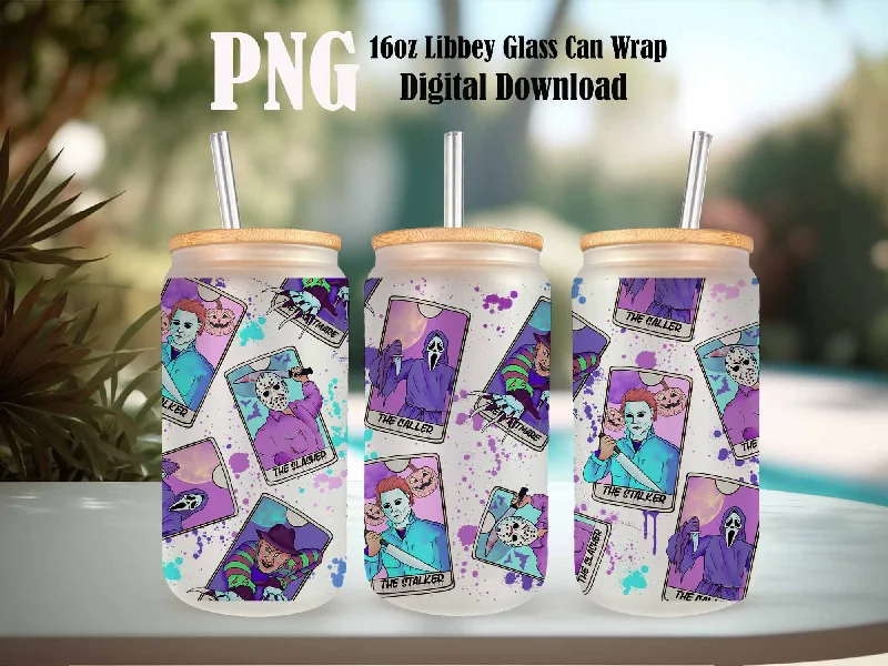 Seasonal Drinkware Sale Horror Movie Characters Friends Glass Wrap PNG, 16oz Libbey Glass Can Wrap, Scary Faces, Horror movie Villains Libbey Tumbler Wrap Template