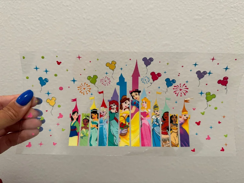 Luxury Drinkware Promotion Disney Castle Princess Characters UV DTF Wrap Transfer 16oz | No Heat Needed | Waterproof | Permanent Adhesive