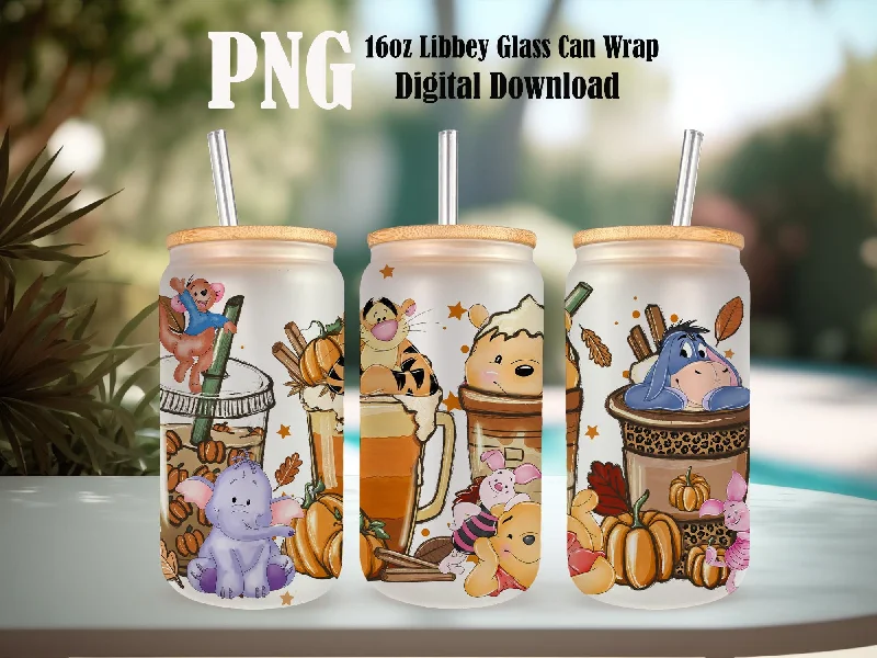 Portable Bottles Sale Pooh and Friend 16oz Glass Can Png, Halloween Coffee, Autumn Coffee, Fall Vibes, Fall Coffee, Spooky Season