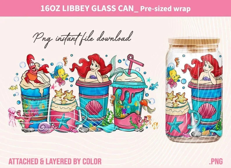 Environmentally Friendly Mugs Ariel Tumbler Wrap, Princess Coffee Tumbler Wrap, 16oz Can glass, Skinny Tumbler Wrap, Can glass, Png download