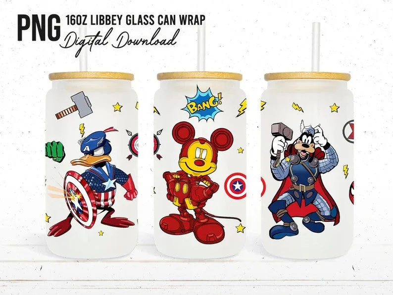 Insulated Travel Drinkware Mickey Superhero 16oz Glass Can Wrap, 16oz Libbey Can Glass, Mickey And Friends Avengers Tumbler Wrap, Full Glass Can Wrap, Cartoon Tumbler