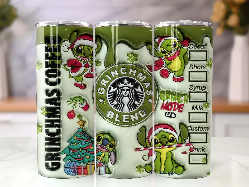 Festive Drinkware Deals Inflated Stitch Christmas Tumbler, Retro Merry Christmas, 3D Inflated Tumbler, Funny Grinchmas, 3D Tumbler Wrap, 20oz Skinny Tumbler Wrap
