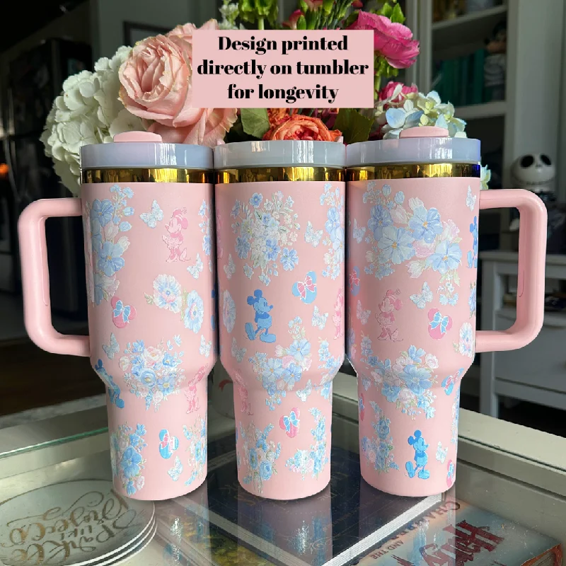 Buy Drinkware Bundle Ready to Ship Blue and Pink Floral Tumblers on Pink 40 oz Quencher Inspired Stainless Steel Tumbler