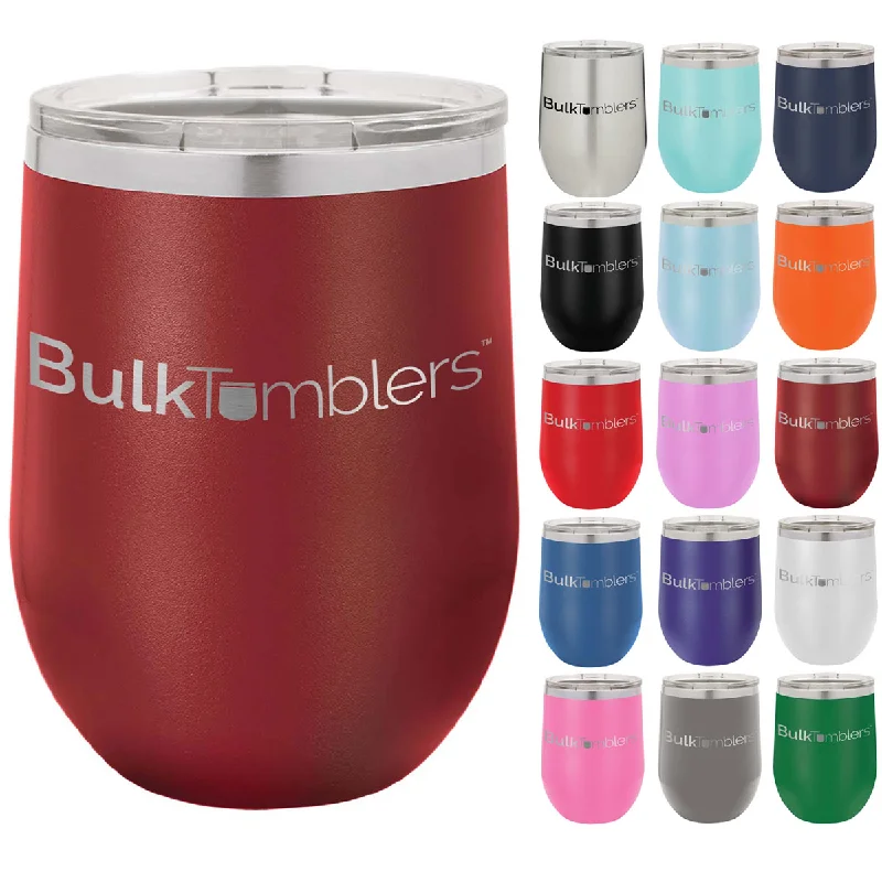 Drinkware Deals 12 oz Wine Tumbler with Logo Laser Engraved on Insulated Stainless Steel Wine Tumblers + Lid